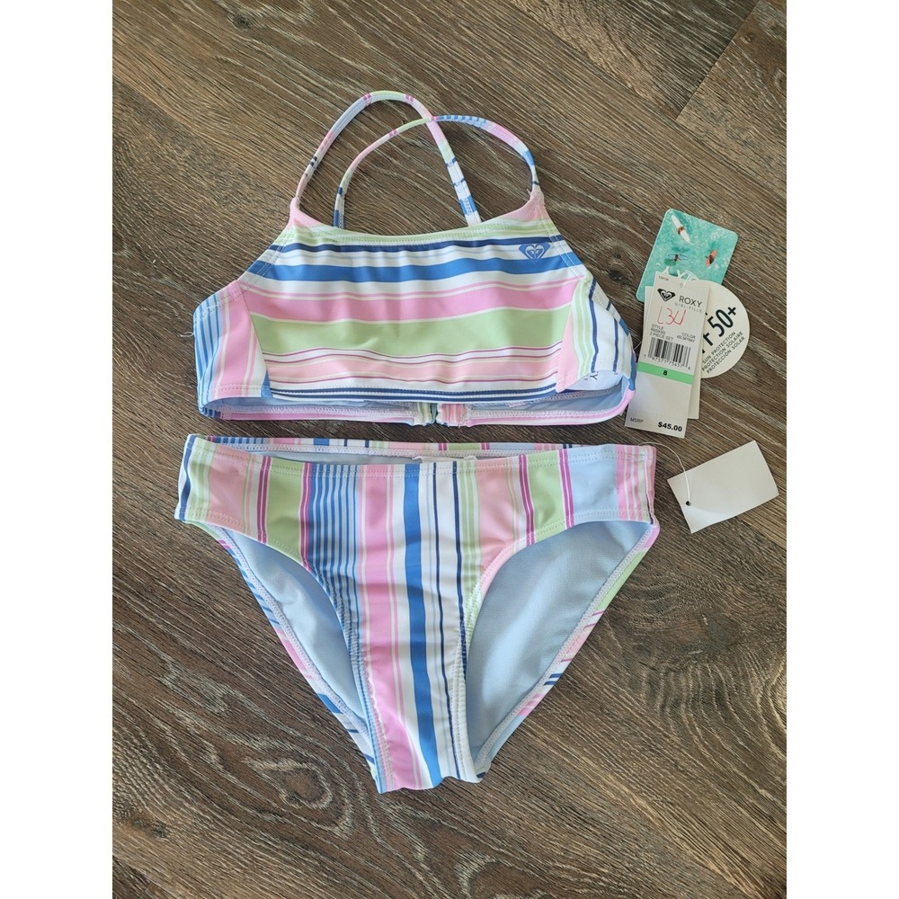 Roxy Girl 2 Piece Bikini Set Size 8 Multi Color Striped UPF 50+ Skyway NEW‎ #8